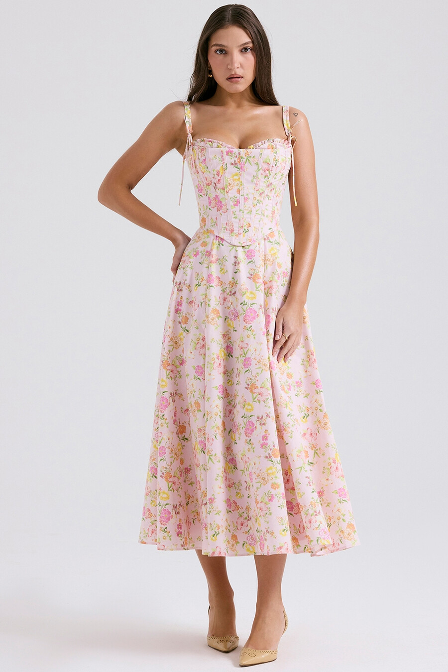 sommerkleid aus baumwolle mit rosa wiesenmuster