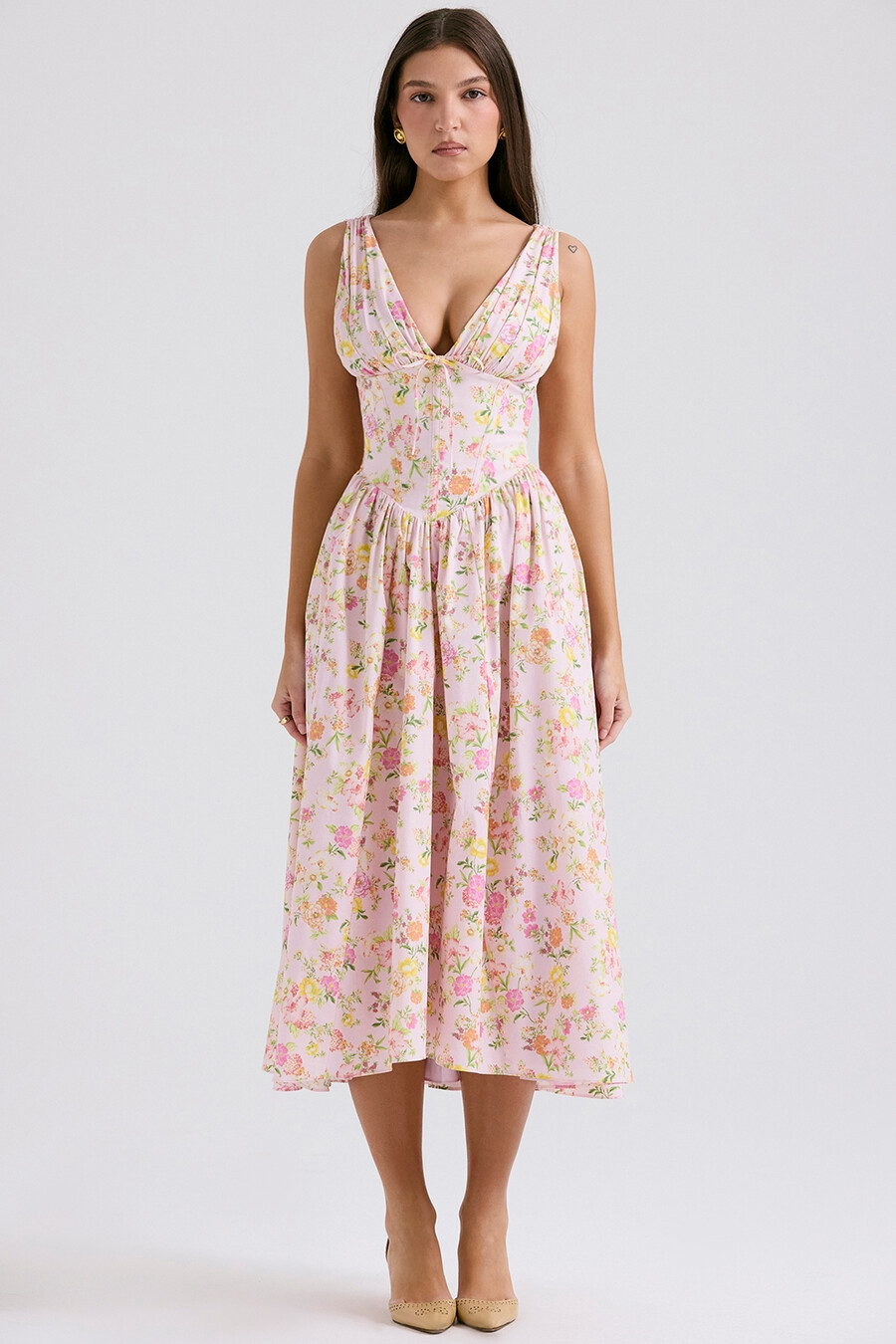 sommerkleid aus baumwolle mit rosa wiesenmuster und korsett-set