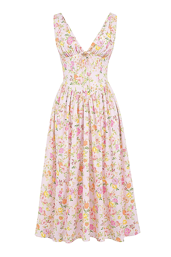 sommerkleid aus baumwolle mit rosa wiesenmuster und korsett-set