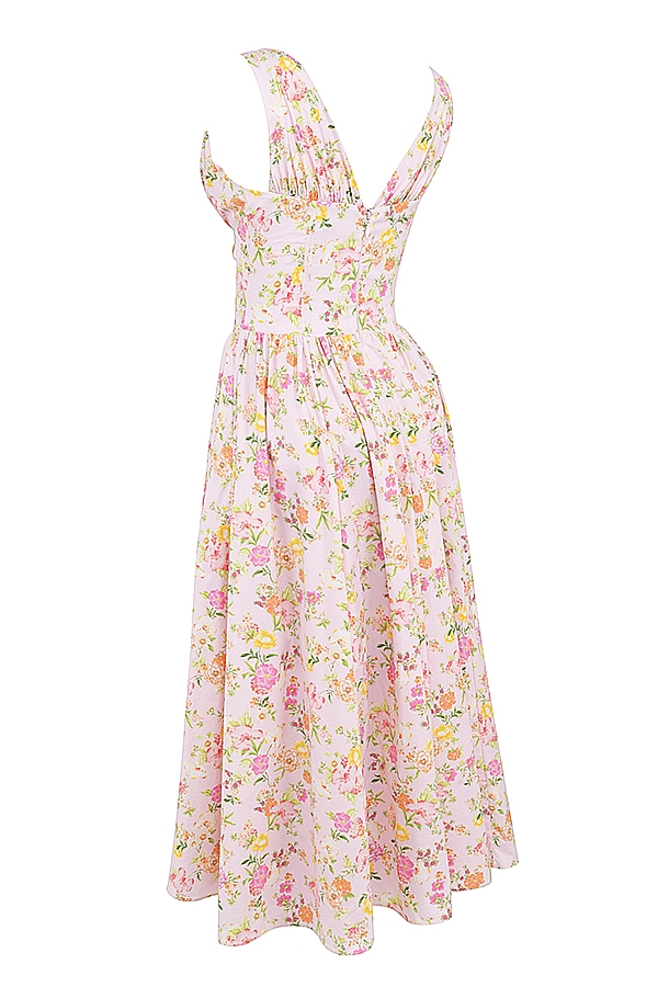 sommerkleid aus baumwolle mit rosa wiesenmuster und korsett-set