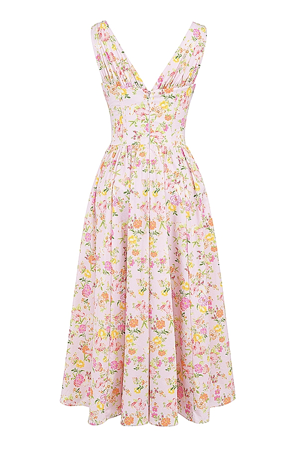 sommerkleid aus baumwolle mit rosa wiesenmuster und korsett-set