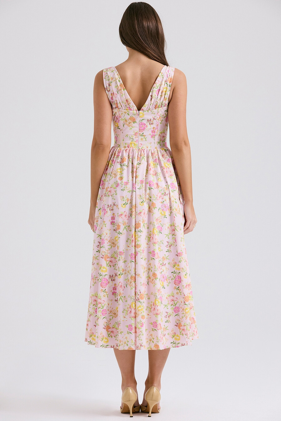 sommerkleid aus baumwolle mit rosa wiesenmuster und korsett-set