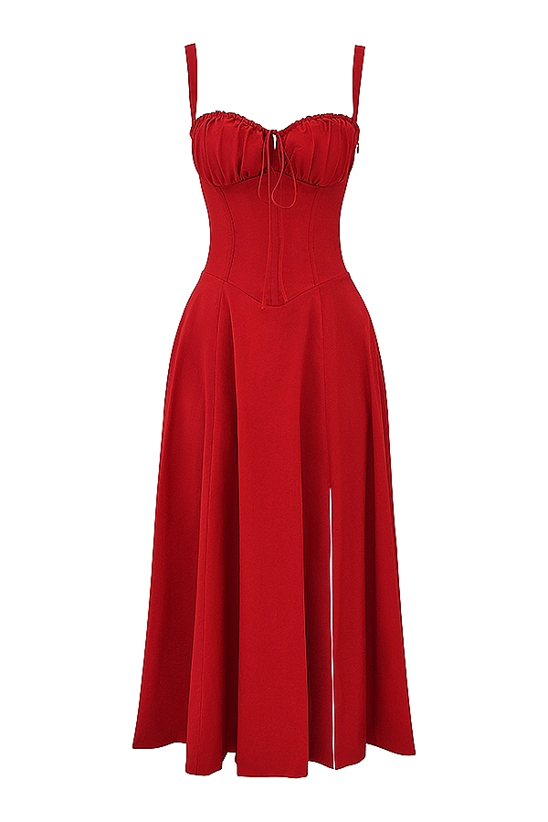 rotes rosen-bustier-sommerkleid