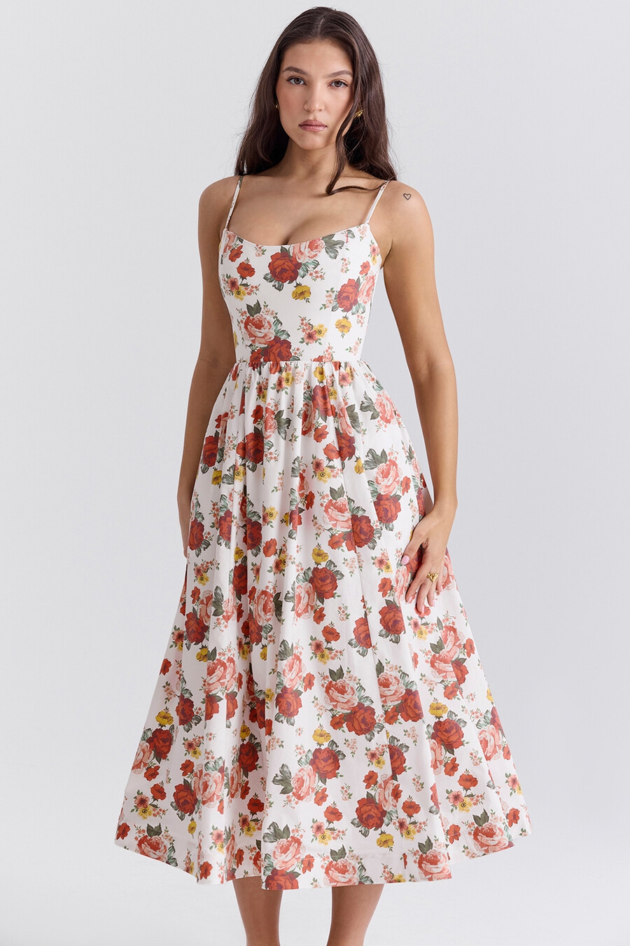 sommerkleid aus baumwolle mit italienischem rosenmuster und korsettmuster