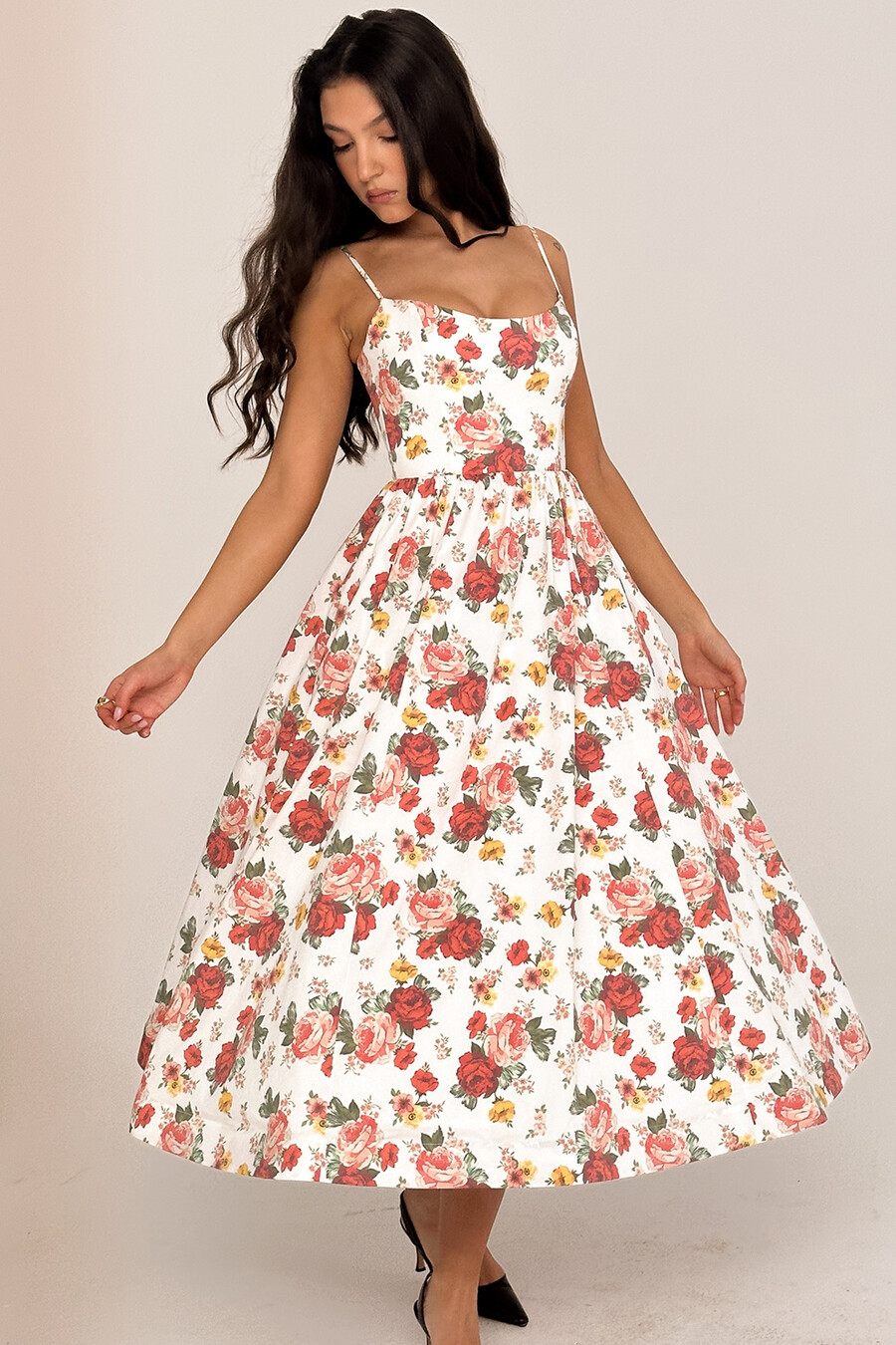 sommerkleid aus baumwolle mit italienischem rosenmuster und korsettmuster