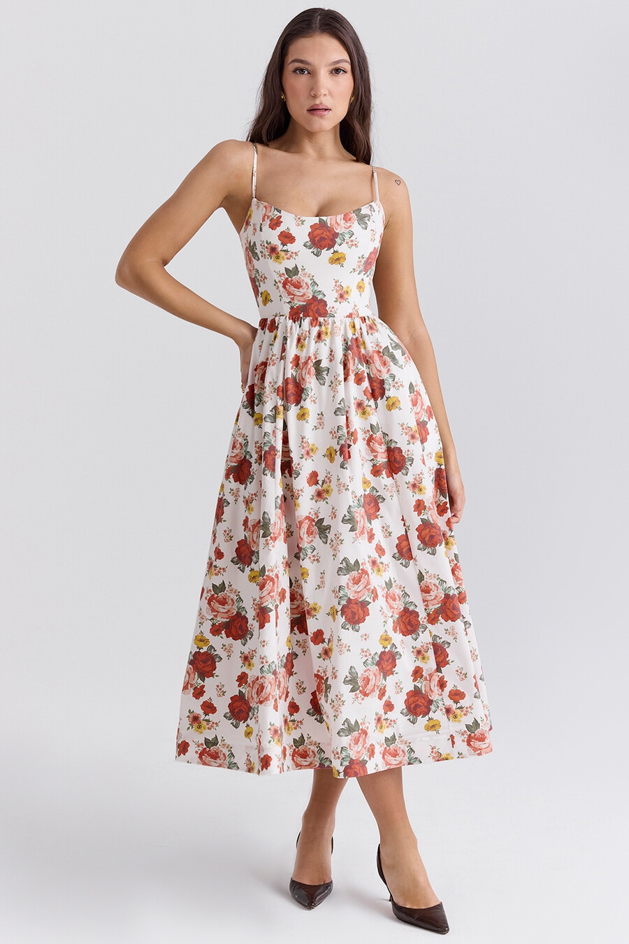 sommerkleid aus baumwolle mit italienischem rosenmuster und korsettmuster