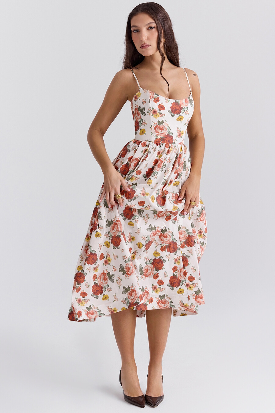 sommerkleid aus baumwolle mit italienischem rosenmuster und korsettmuster