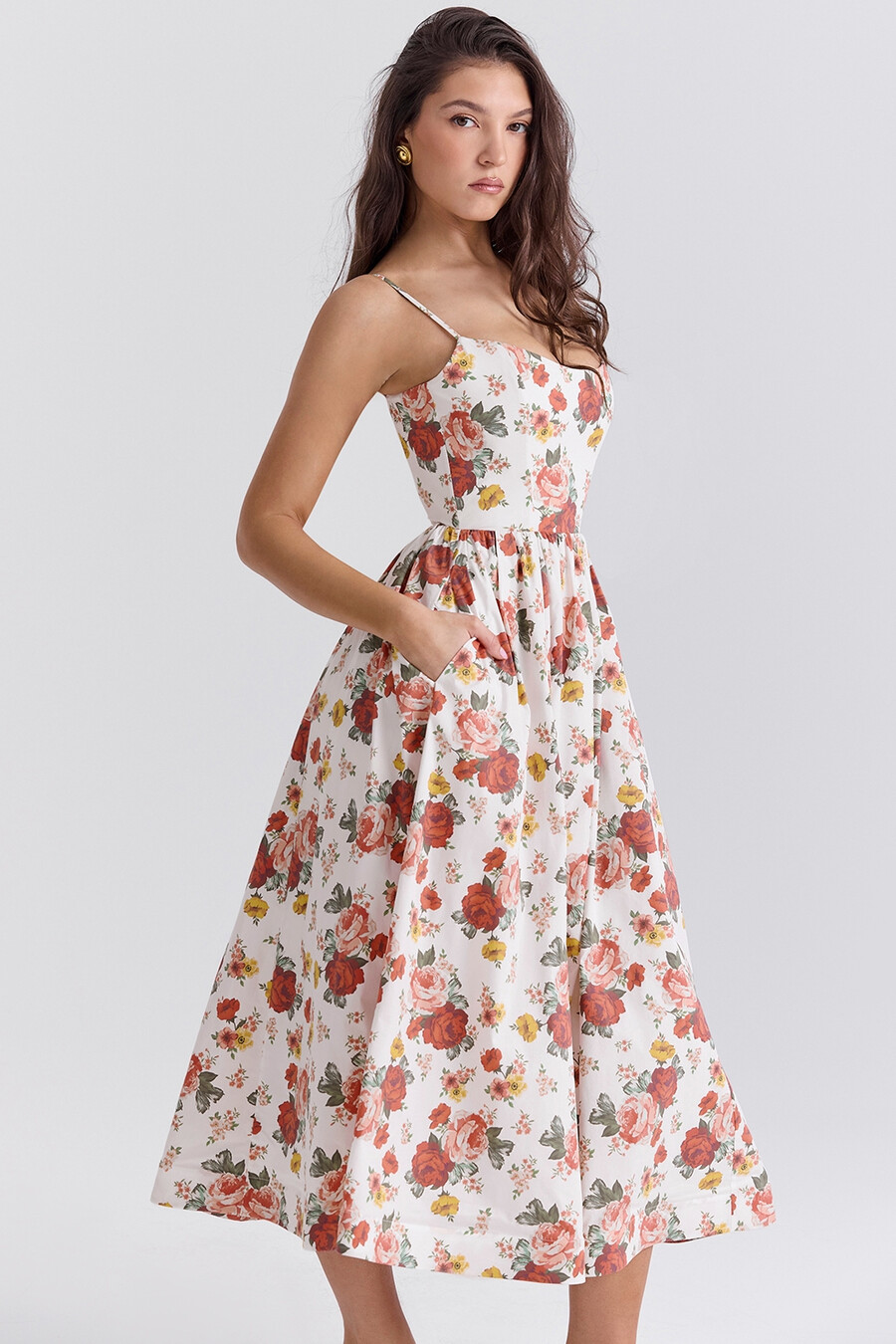 sommerkleid aus baumwolle mit italienischem rosenmuster und korsettmuster