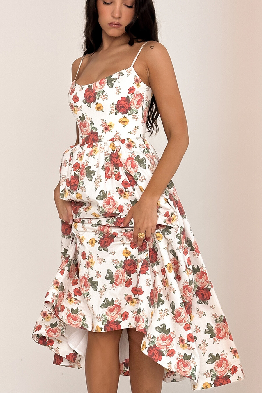 sommerkleid aus baumwolle mit italienischem rosenmuster und korsettmuster