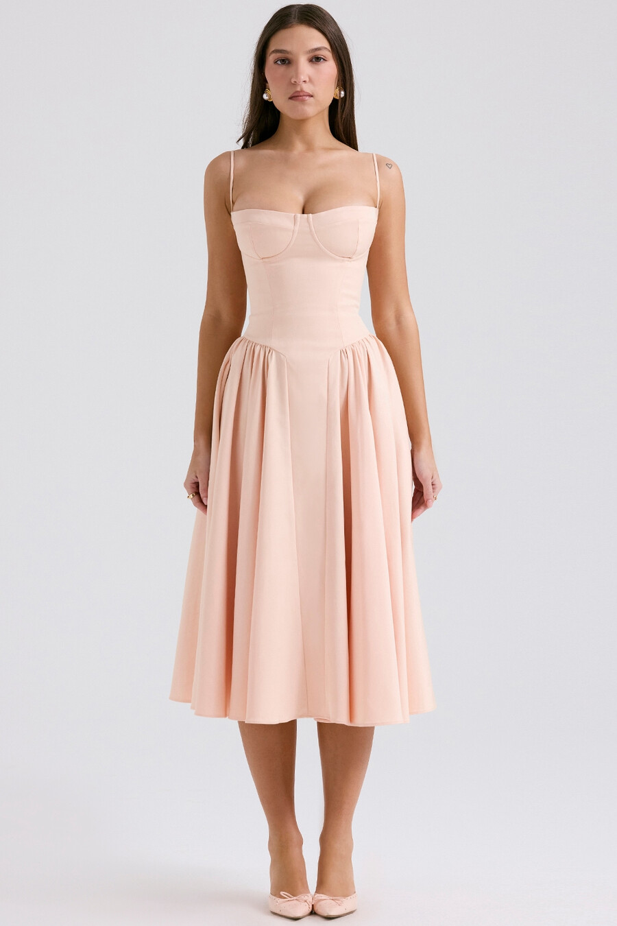 pfirsichfarbenes twill-korsett-midikleid
