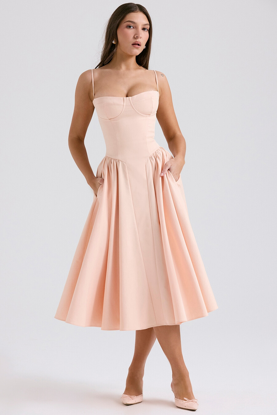 pfirsichfarbenes twill-korsett-midikleid