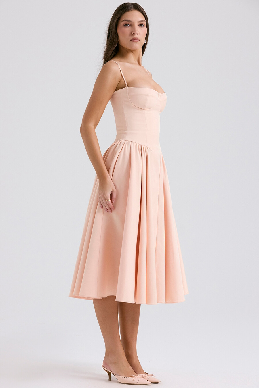 pfirsichfarbenes twill-korsett-midikleid