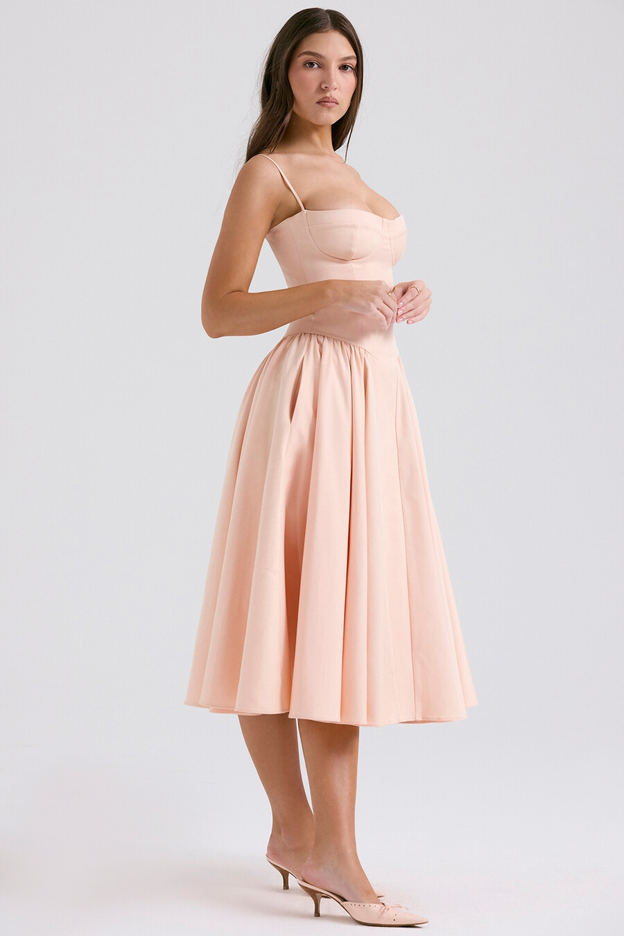 pfirsichfarbenes twill-korsett-midikleid