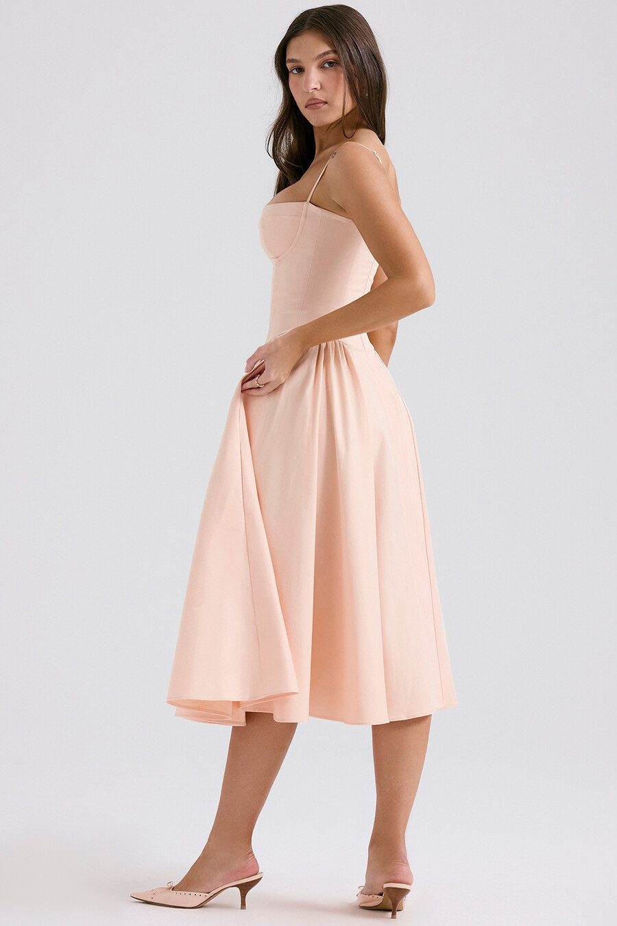 pfirsichfarbenes twill-korsett-midikleid