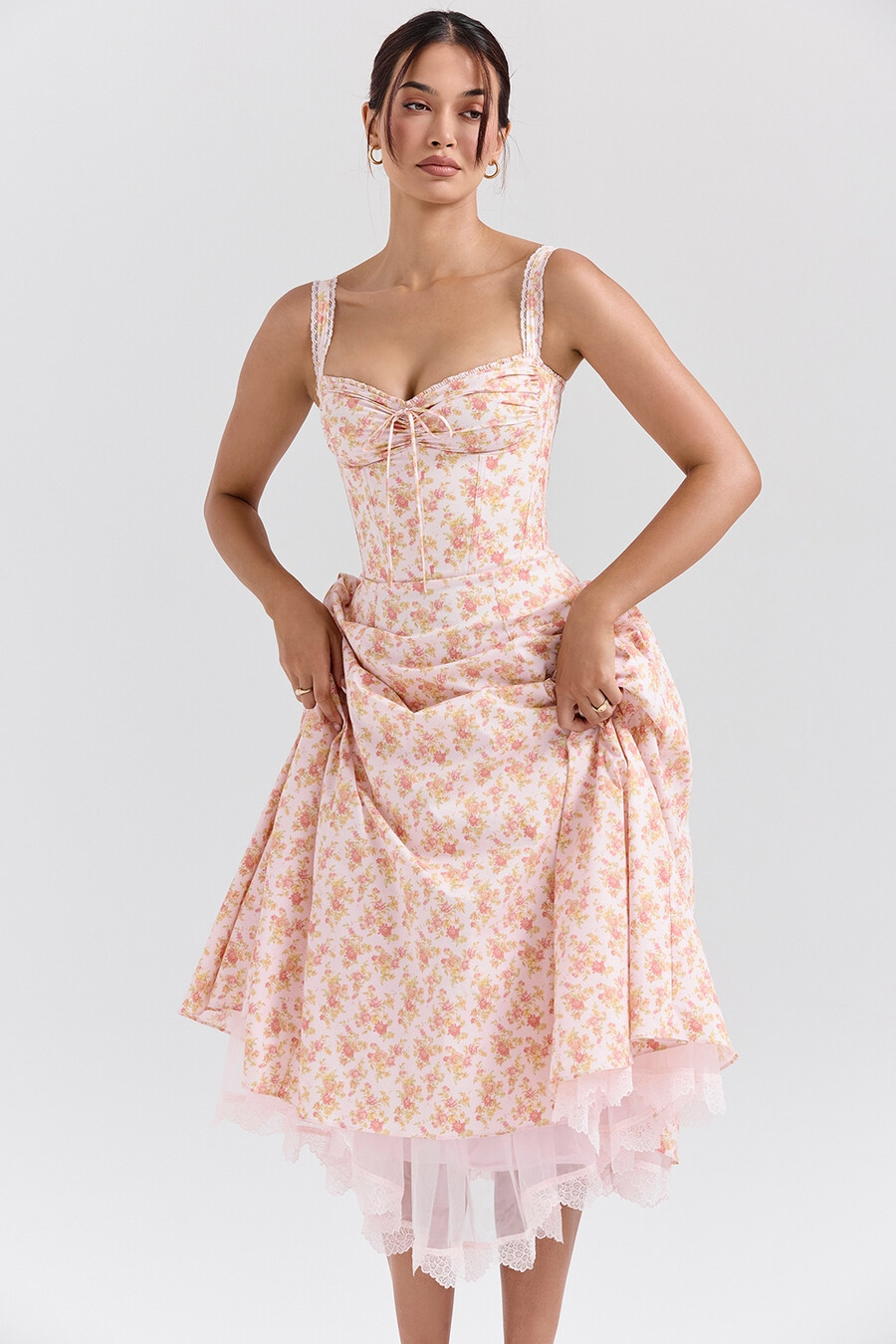 sommerkleid aus baumwolle mit pfirsich-mohn-print und bustier