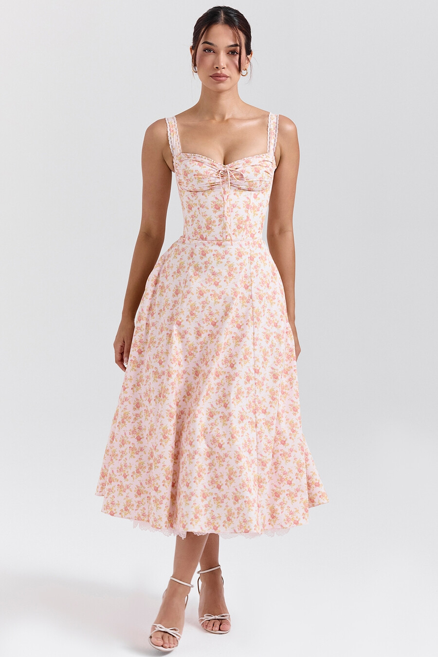 sommerkleid aus baumwolle mit pfirsich-mohn-print und bustier