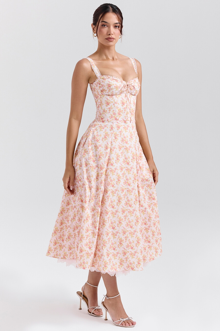 sommerkleid aus baumwolle mit pfirsich-mohn-print und bustier