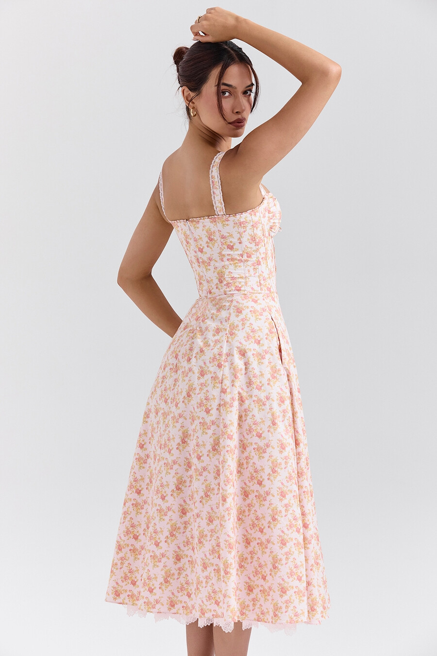 sommerkleid aus baumwolle mit pfirsich-mohn-print und bustier