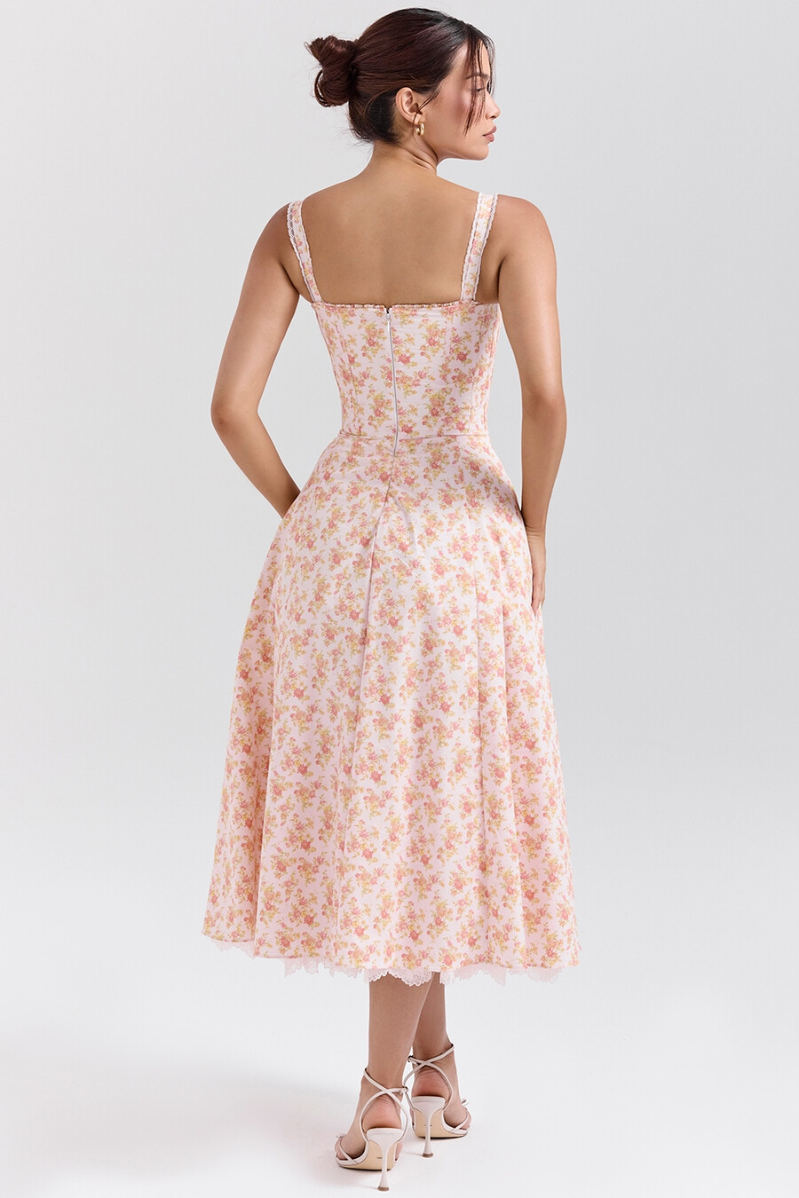 sommerkleid aus baumwolle mit pfirsich-mohn-print und bustier