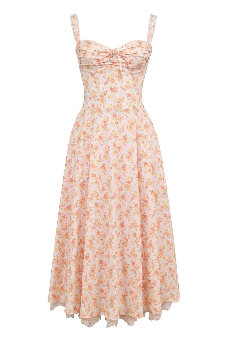 sommerkleid aus baumwolle mit pfirsich-mohn-print und bustier