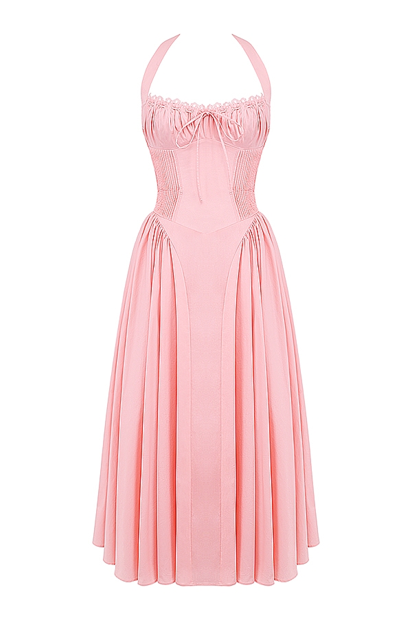 rosafarbenes baumwoll-halterkleid midi-sommerkleid