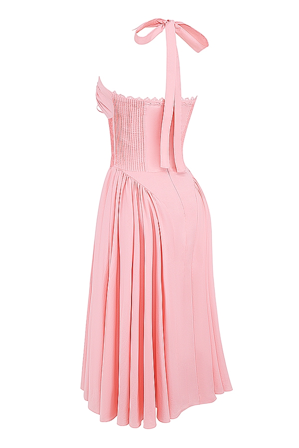 rosafarbenes baumwoll-halterkleid midi-sommerkleid