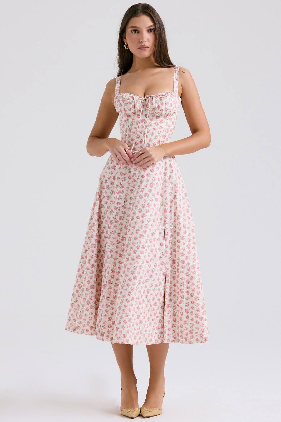 weißes baumwoll-bustierkleid mit rosenknospenmuster