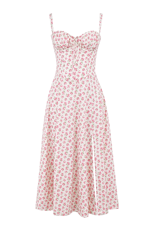 weißes baumwoll-bustierkleid mit rosenknospenmuster