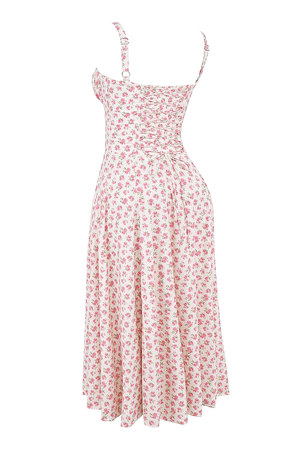weißes baumwoll-bustierkleid mit rosenknospenmuster