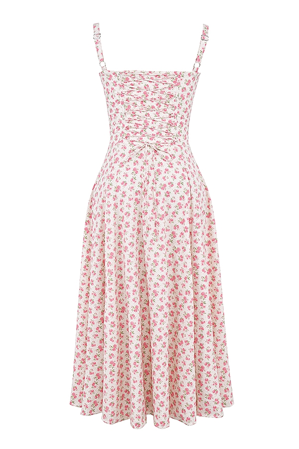 weißes baumwoll-bustierkleid mit rosenknospenmuster