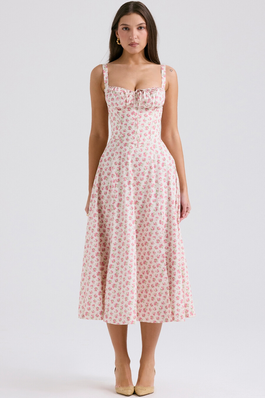 weißes baumwoll-bustierkleid mit rosenknospenmuster