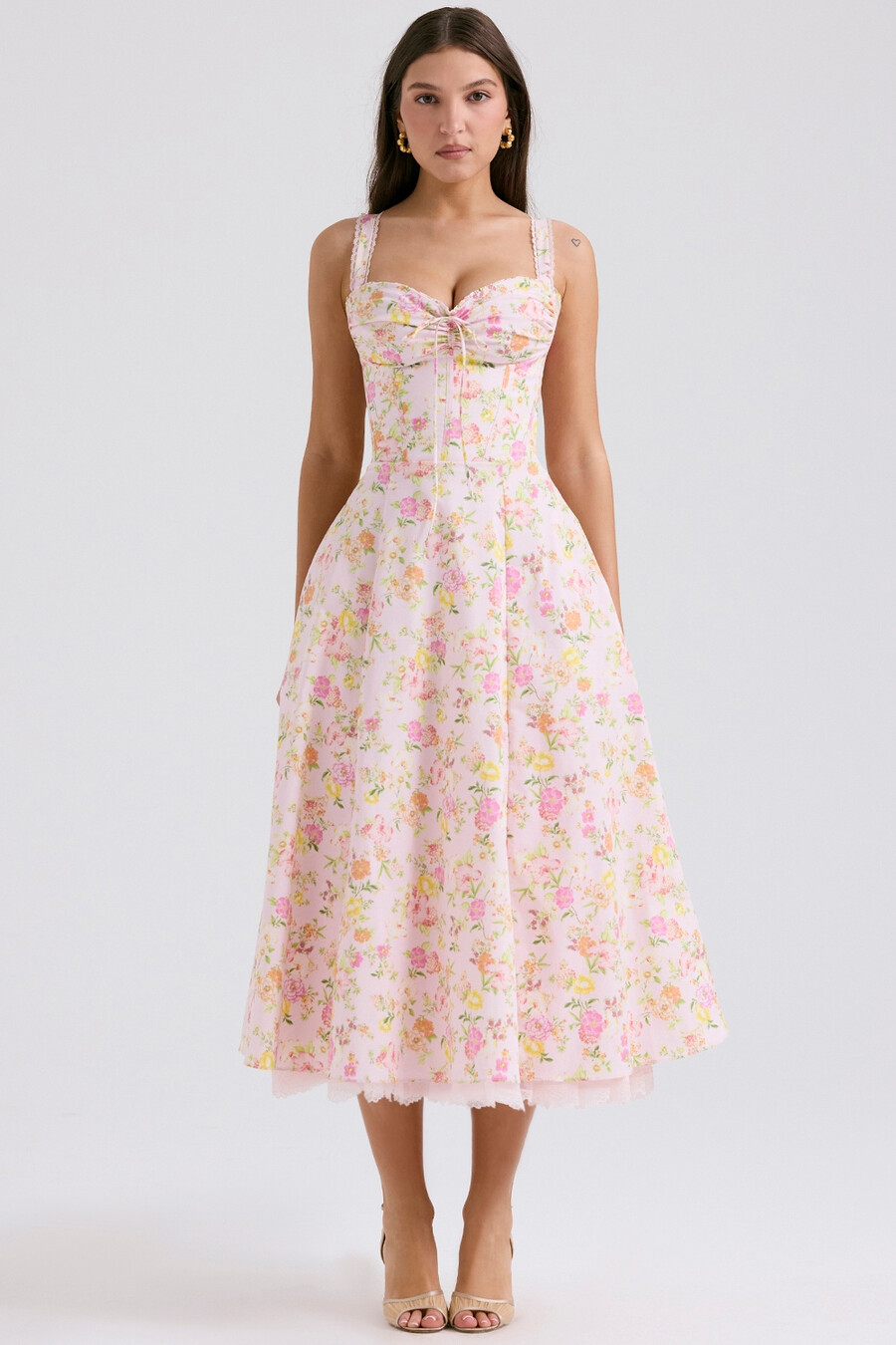 sommerkleid aus baumwolle mit rosa wiesenmuster und bustier-optik