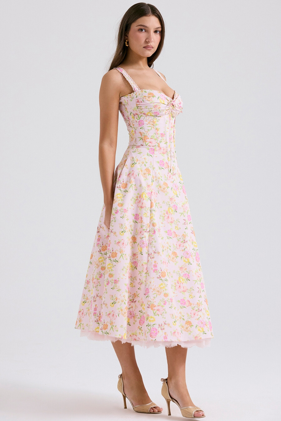 sommerkleid aus baumwolle mit rosa wiesenmuster und bustier-optik