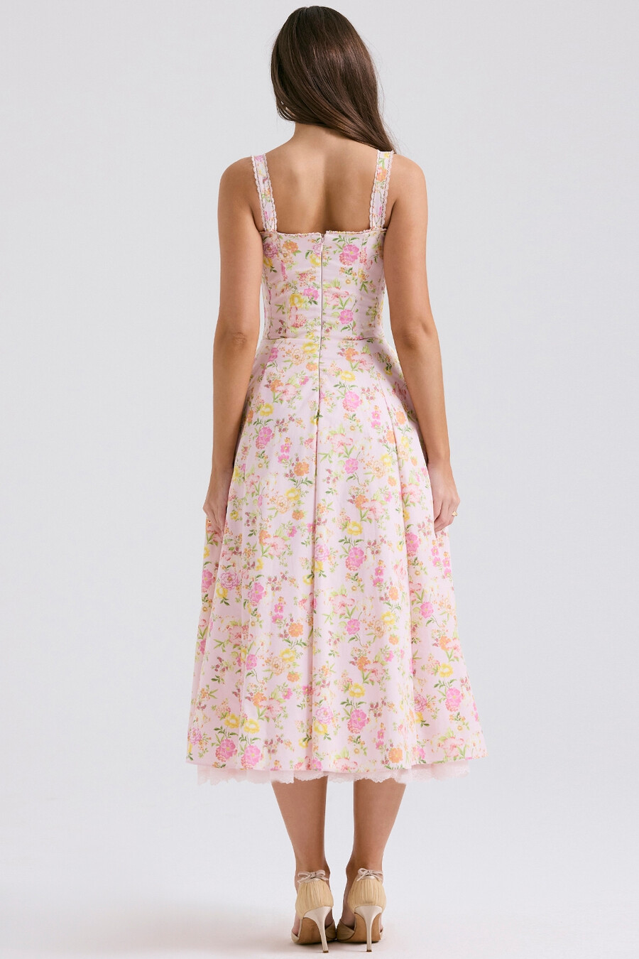 sommerkleid aus baumwolle mit rosa wiesenmuster und bustier-optik