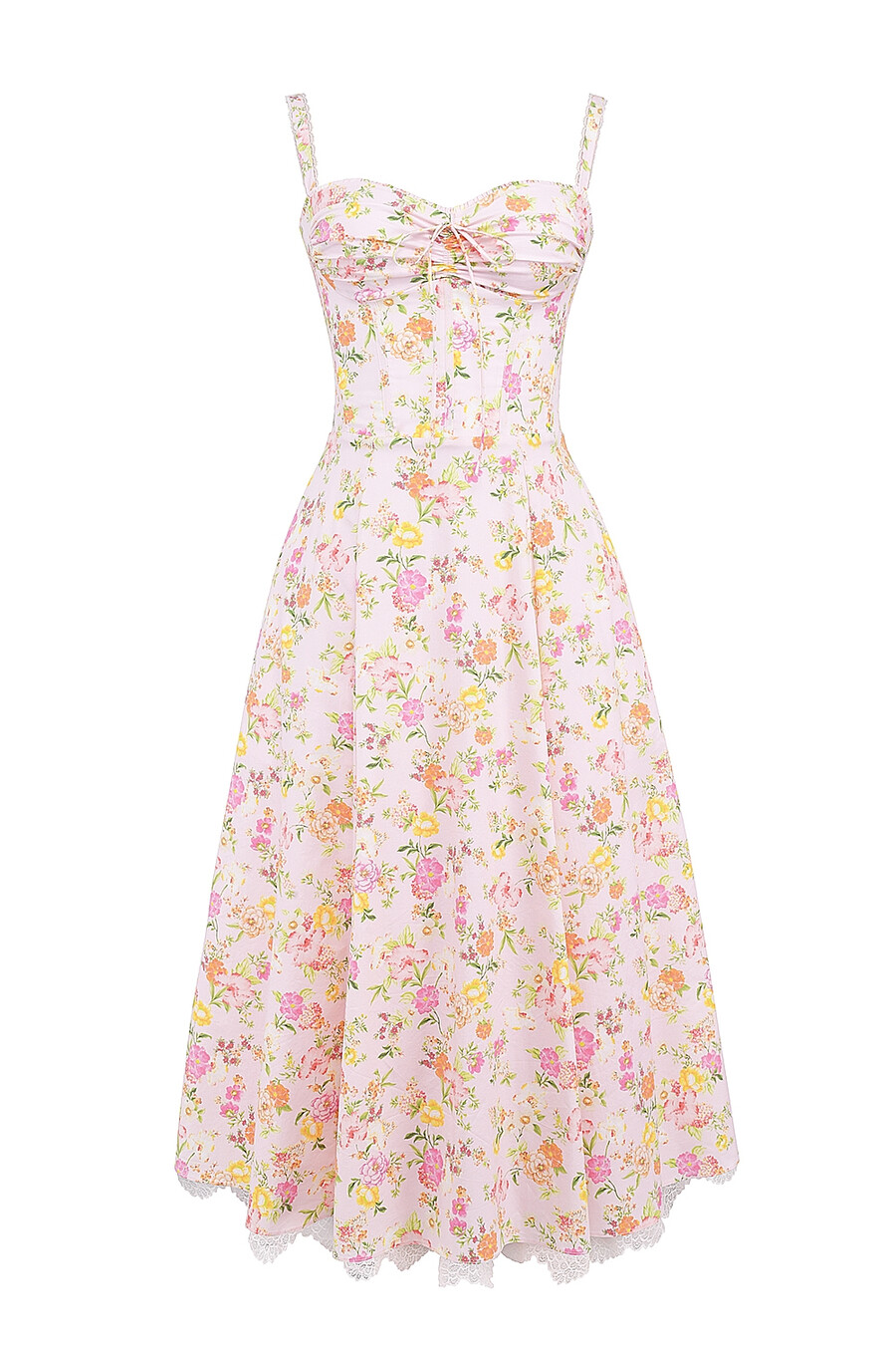 sommerkleid aus baumwolle mit rosa wiesenmuster und bustier-optik