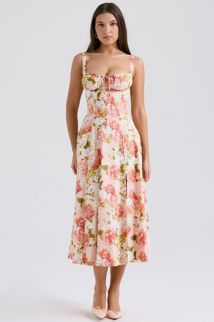 sommerkleid aus baumwolle mit rosa pfingstrosenmuster und bustier-design