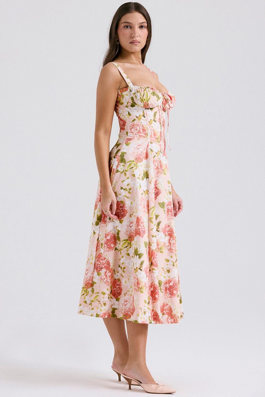 sommerkleid aus baumwolle mit rosa pfingstrosenmuster und bustier-design