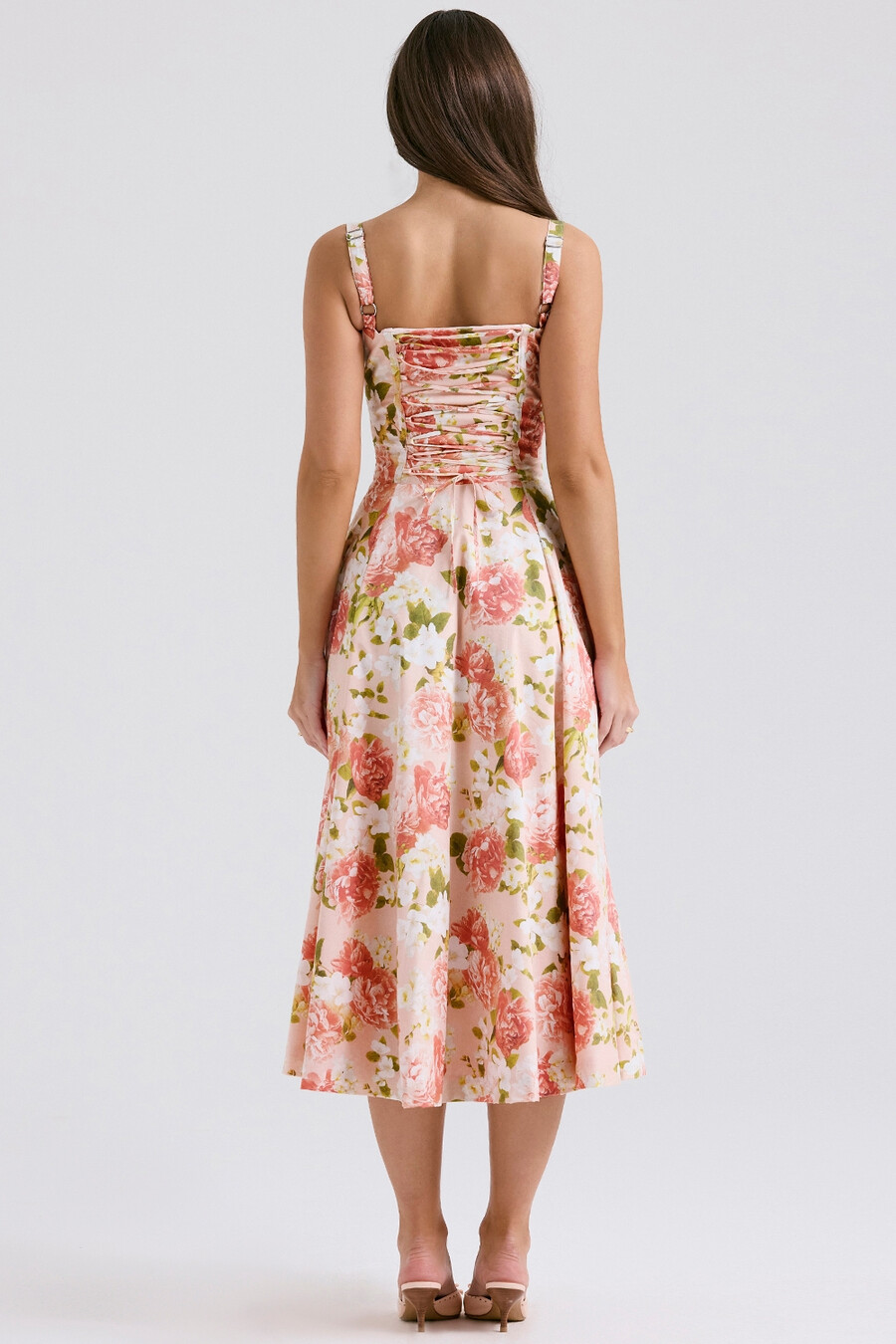 sommerkleid aus baumwolle mit rosa pfingstrosenmuster und bustier-design