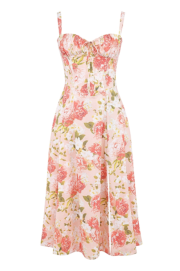 sommerkleid aus baumwolle mit rosa pfingstrosenmuster und bustier-design