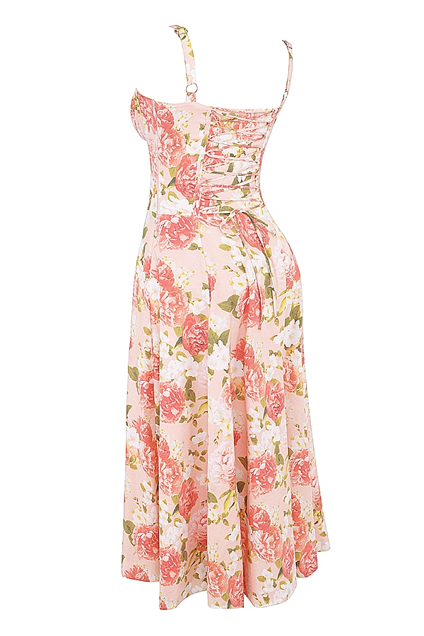 sommerkleid aus baumwolle mit rosa pfingstrosenmuster und bustier-design