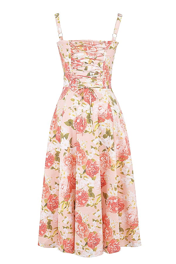 sommerkleid aus baumwolle mit rosa pfingstrosenmuster und bustier-design