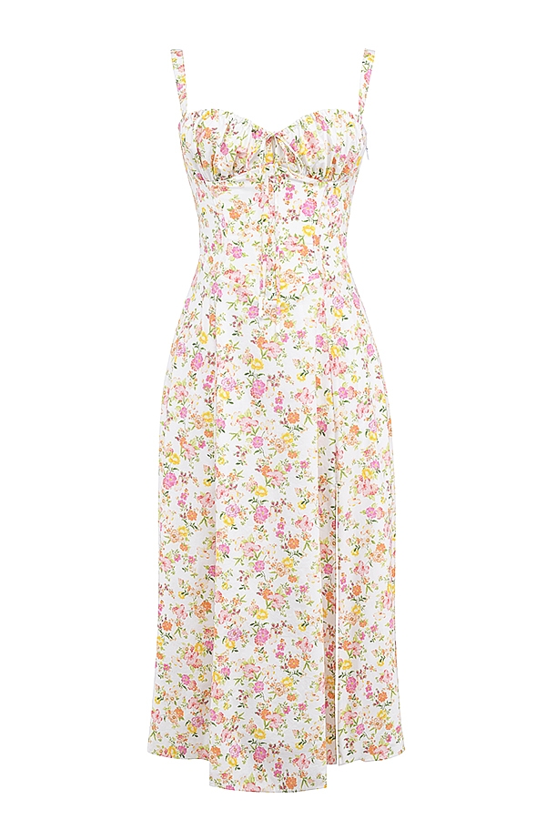 sommerkleid aus elfenbeinfarbenem baumwollbustier mit wiesenmuster