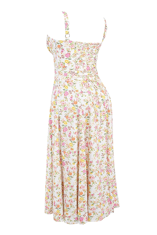 sommerkleid aus elfenbeinfarbenem baumwollbustier mit wiesenmuster
