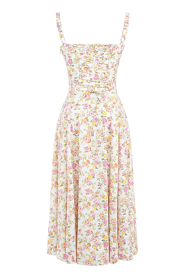 sommerkleid aus elfenbeinfarbenem baumwollbustier mit wiesenmuster