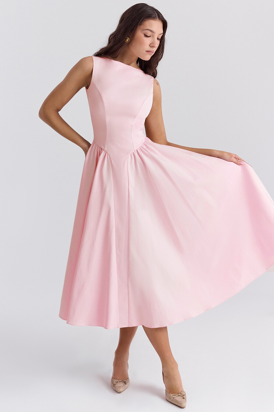 ballerina pink twill midi-sommerkleid