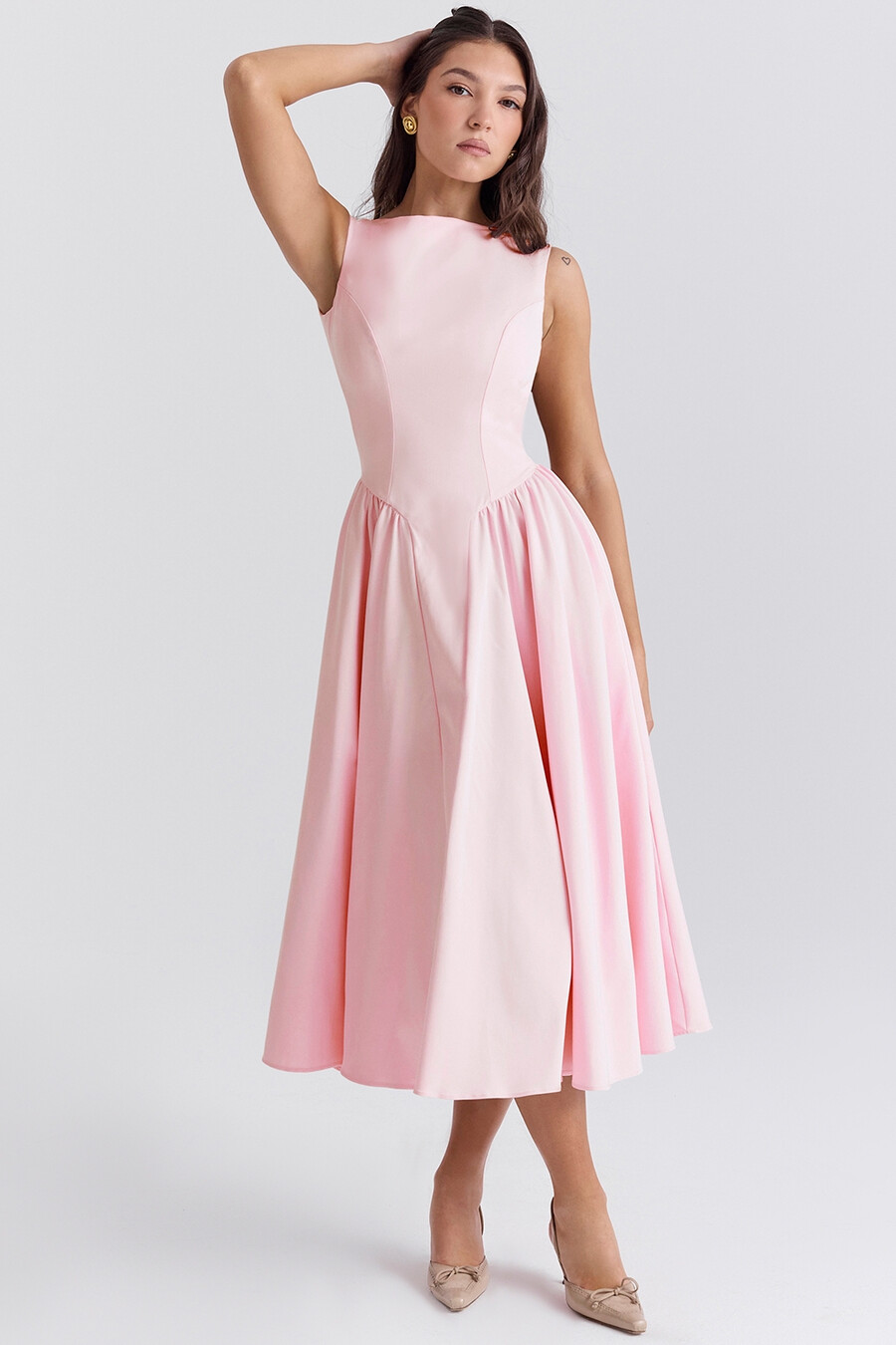 ballerina pink twill midi-sommerkleid