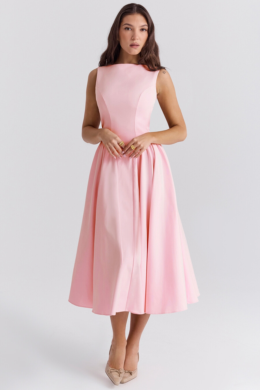 ballerina pink twill midi-sommerkleid