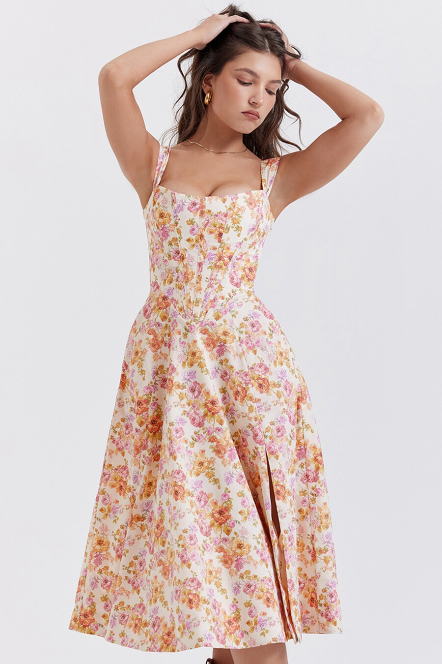 elfenbeinfarbenes geblümtes midi-sommerkleid