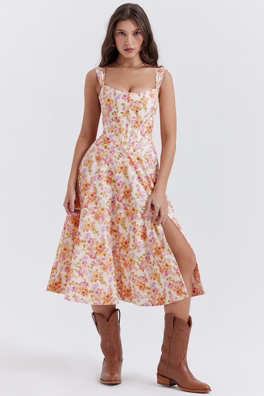 elfenbeinfarbenes geblümtes midi-sommerkleid