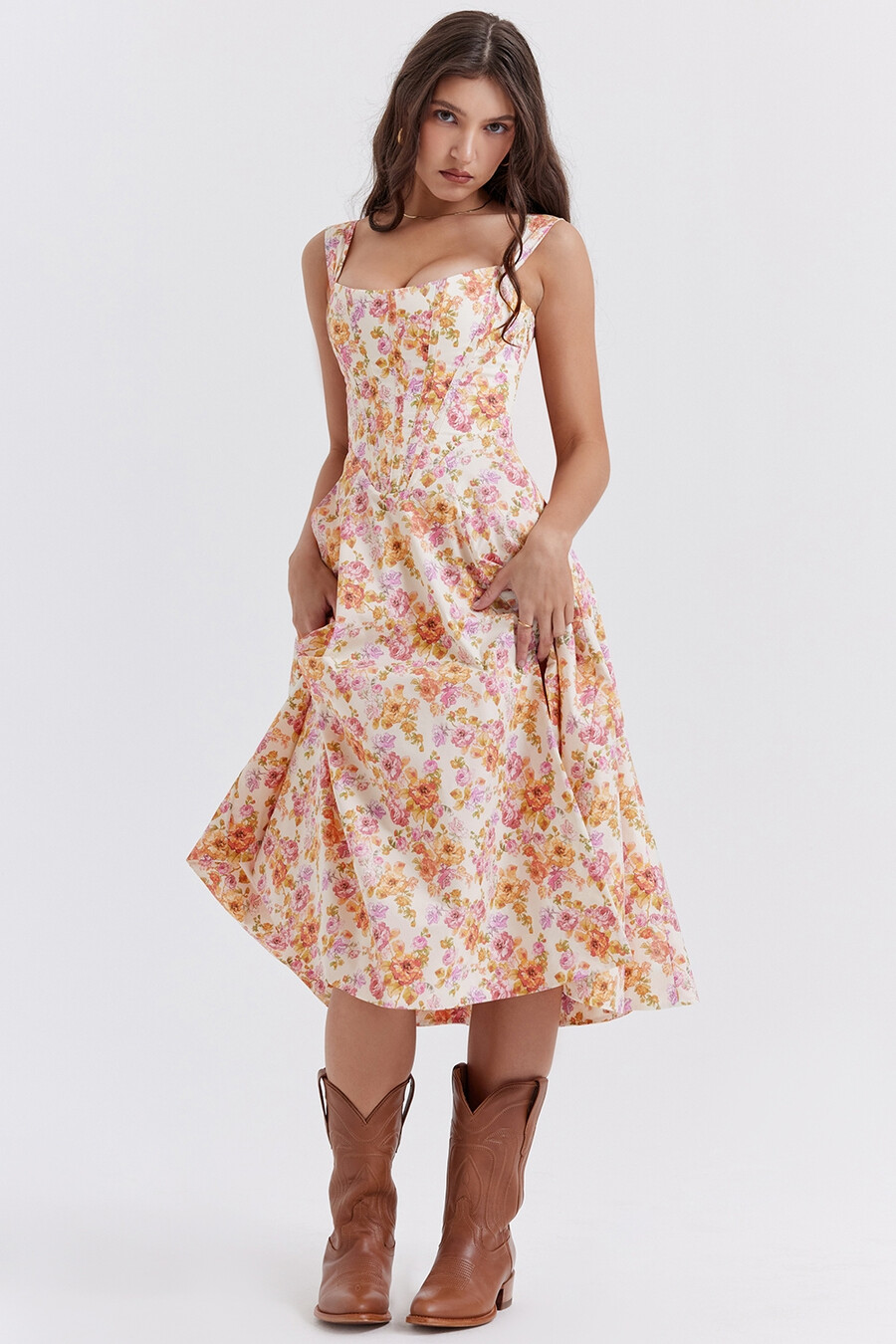 elfenbeinfarbenes geblümtes midi-sommerkleid
